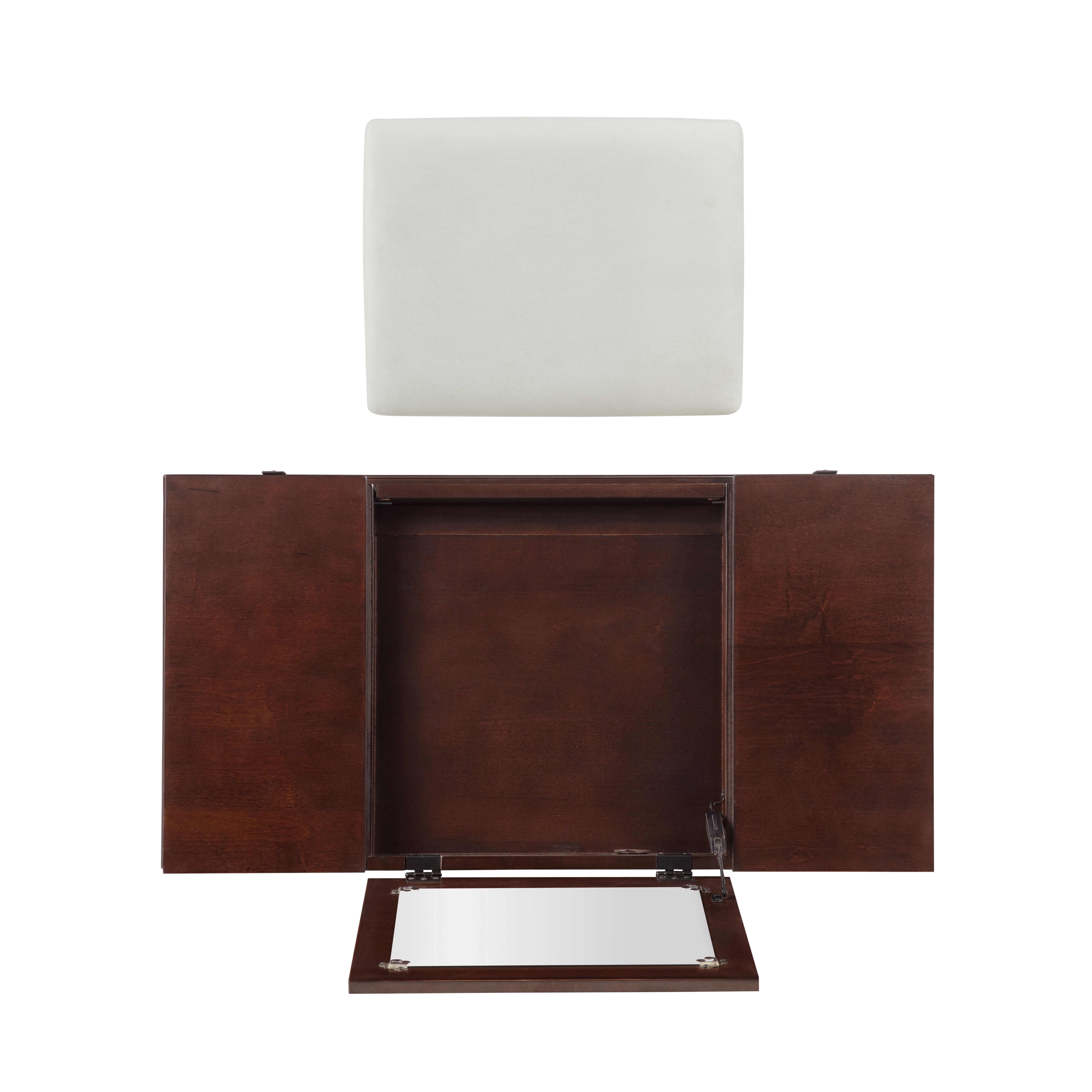 Linon Morton 2-Piece Vanity Set with Flip-Top Mirror and Upholstered Stool, Walnut/Beige