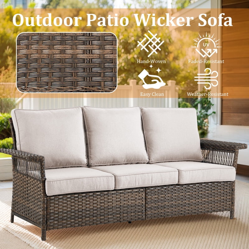 PARKWELL 4 Pieces Patio Furniture Set with Fire Pit Table, Outdoor All-Weather Wicker Conversation Couch Set with Swivel Gliders Chairs, Deep Seating Furniture for Porch Deck, Brown/Beige