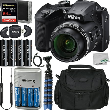Nikon B500 Digital Camera (Black) with All-in-1 Starter Bundle - Includes: SanDisk 64GB Extreme Pro Memory Card, 4x Rechargeable Seller Replacement Batteries, Medium Size Carrying Case, and Much More.