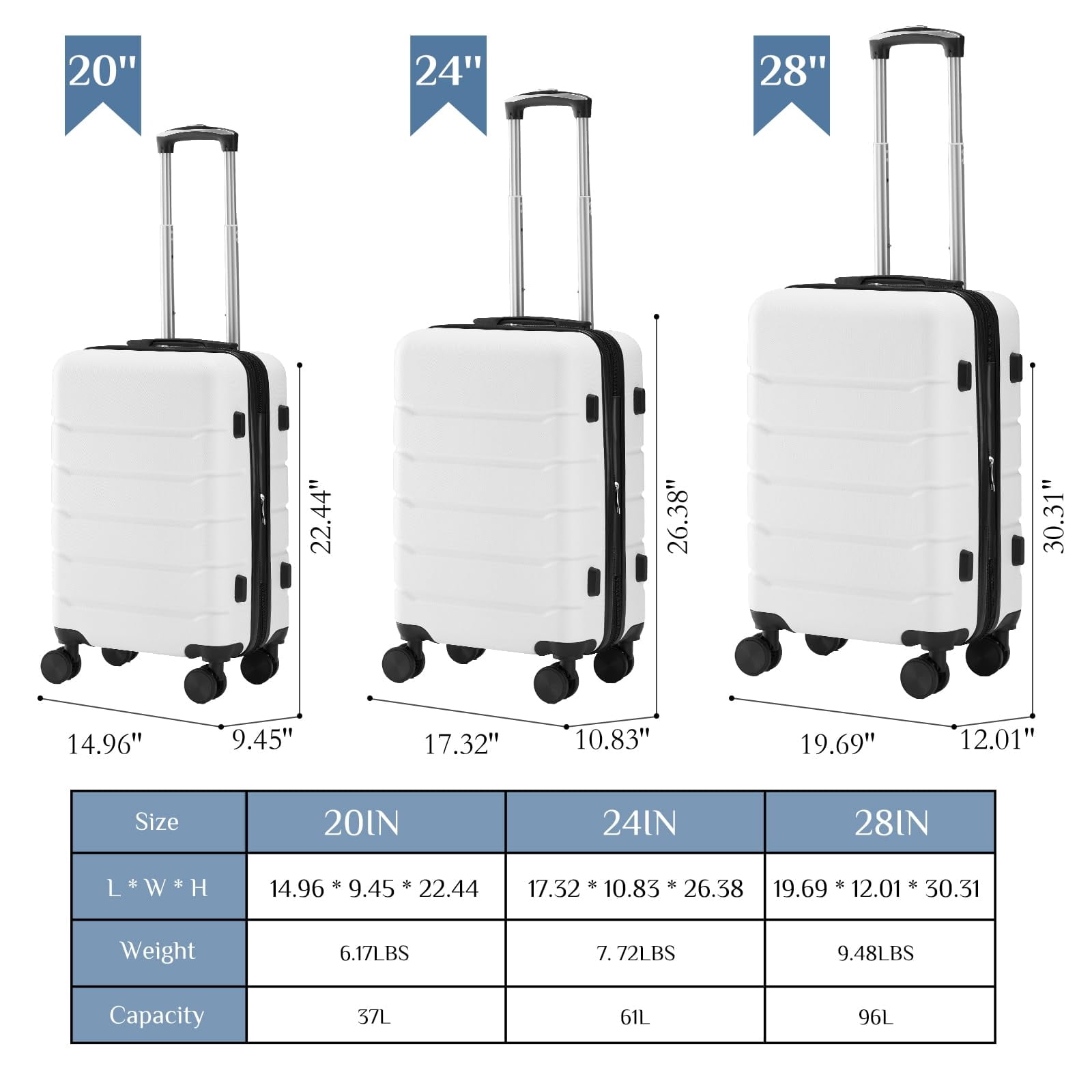 Kelno Medium Checked Luggage with Spinner Wheels ABS Hard Shell Suitcase Expandable Rolling Luggage with TSA Lock, White