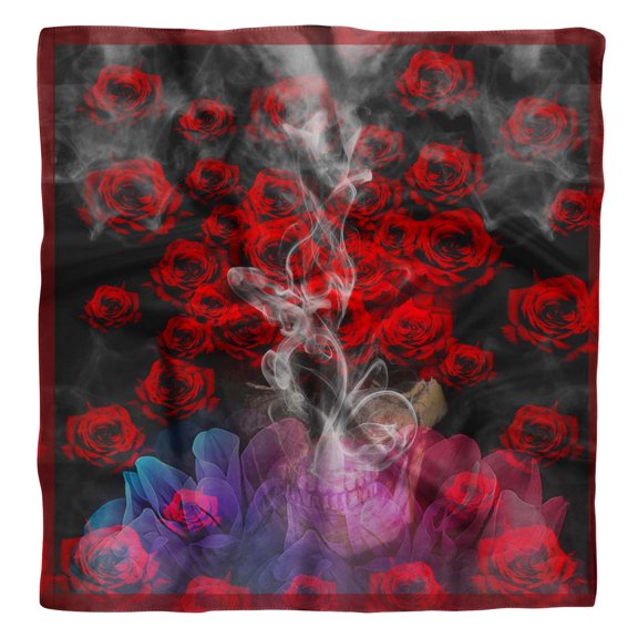 Phagun Red Rose & Skull Printed Square Pure Silk Scarf For Hair Neck Head Bandanas For Women