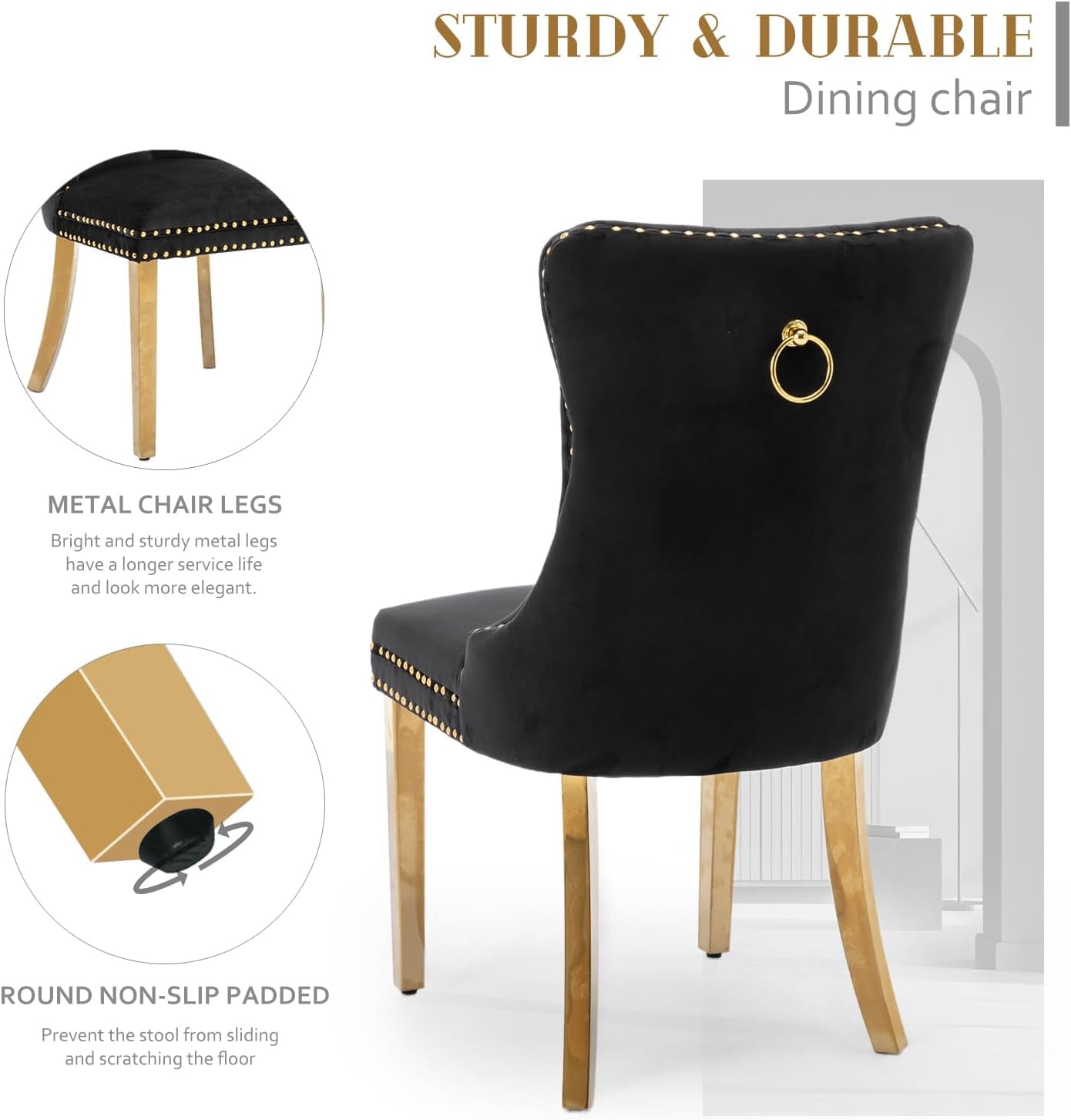 JESTOP Velvet Dining Chair Set of 2, Upholstered Tufted Dining Room Chair with Nailhead Trim and Solid Gold Plated Leg for Kitchen (Black)