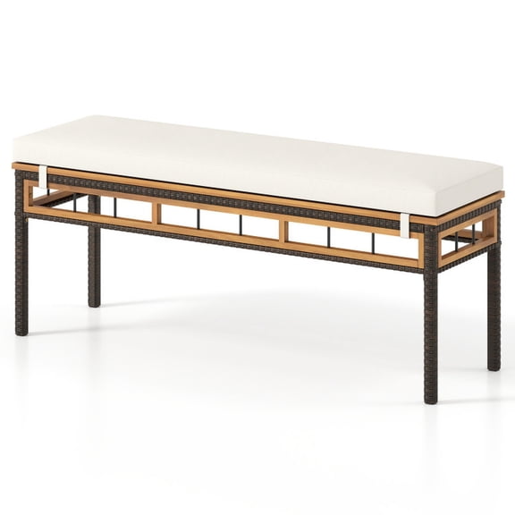 Biotree Wicker Patio Bench for 2 People 48invh Long Backless Dining Bench with Acacia Wood Seat, White