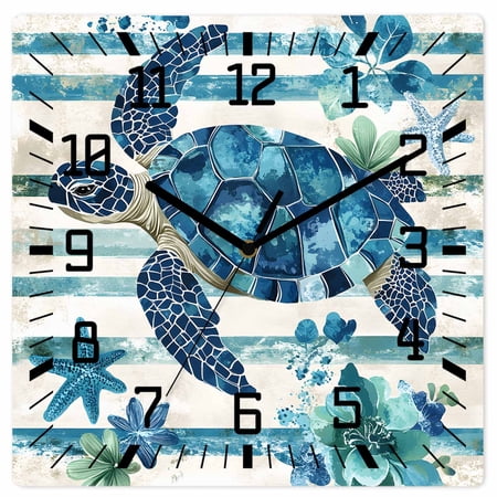 Teal Blue Turtle Coastal Wooden Wall Clock Silent Non Ticking, Vintage Stripe Botanical Beach Square Wall Clocks Battery Operated, Decor Clock for Home Office, Living Room, Kitchen, 12 Inch
