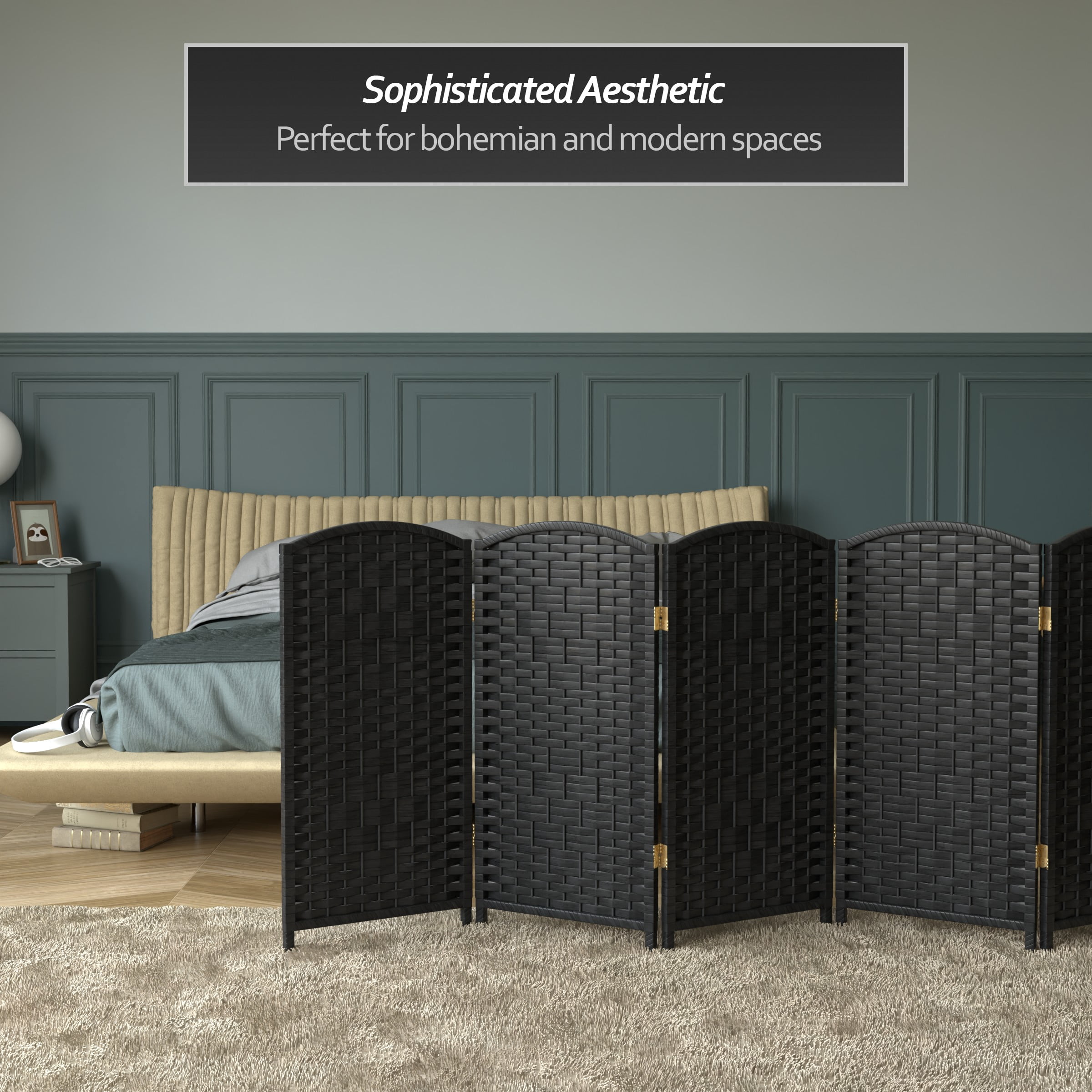 Red Lantern 3 ft. Short Diamond Weave Fiber Folding Screen - Black - 8 Panel