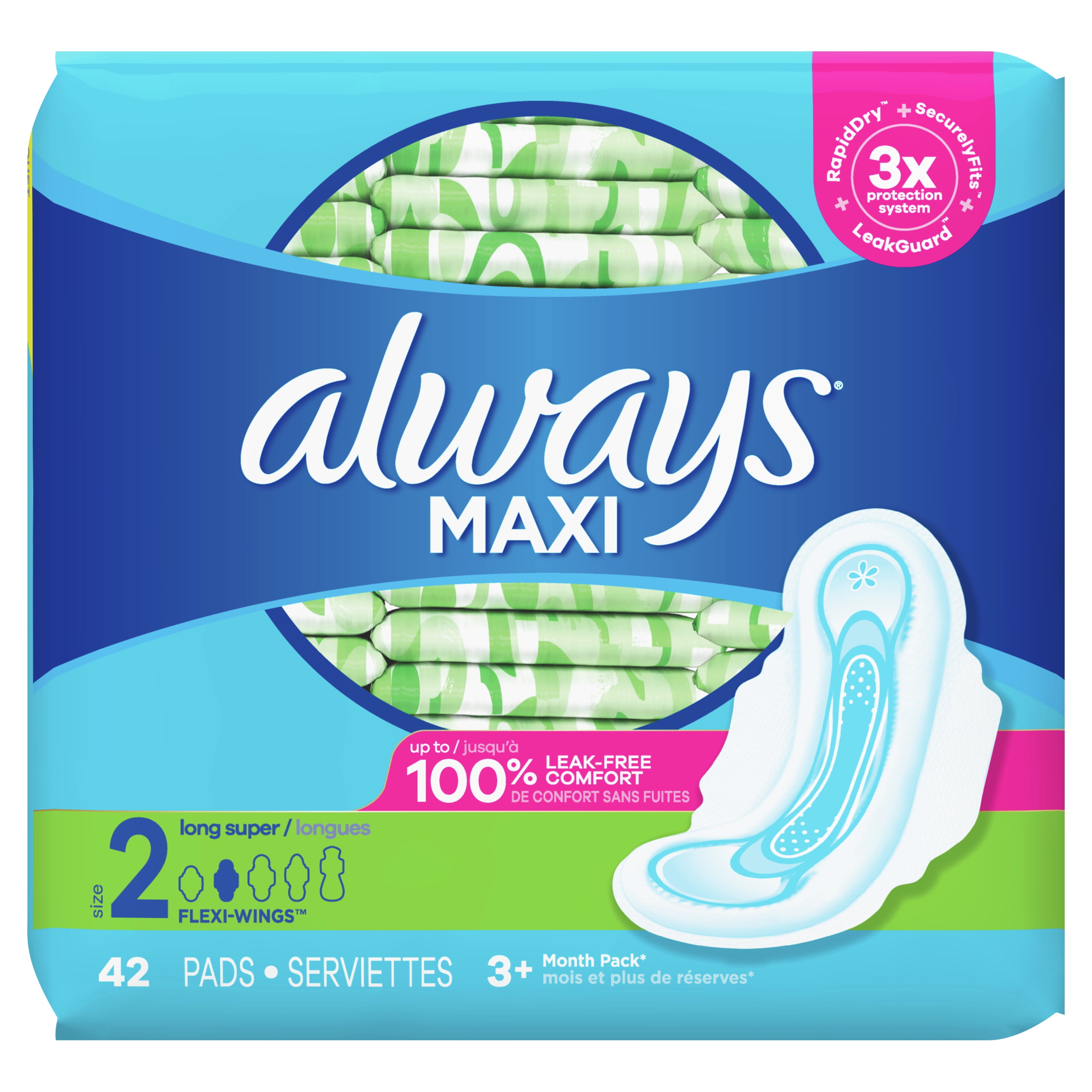 Always Maxi Super Absorbency Pads with Wings, Unscented, Size 2, 42 ct ...