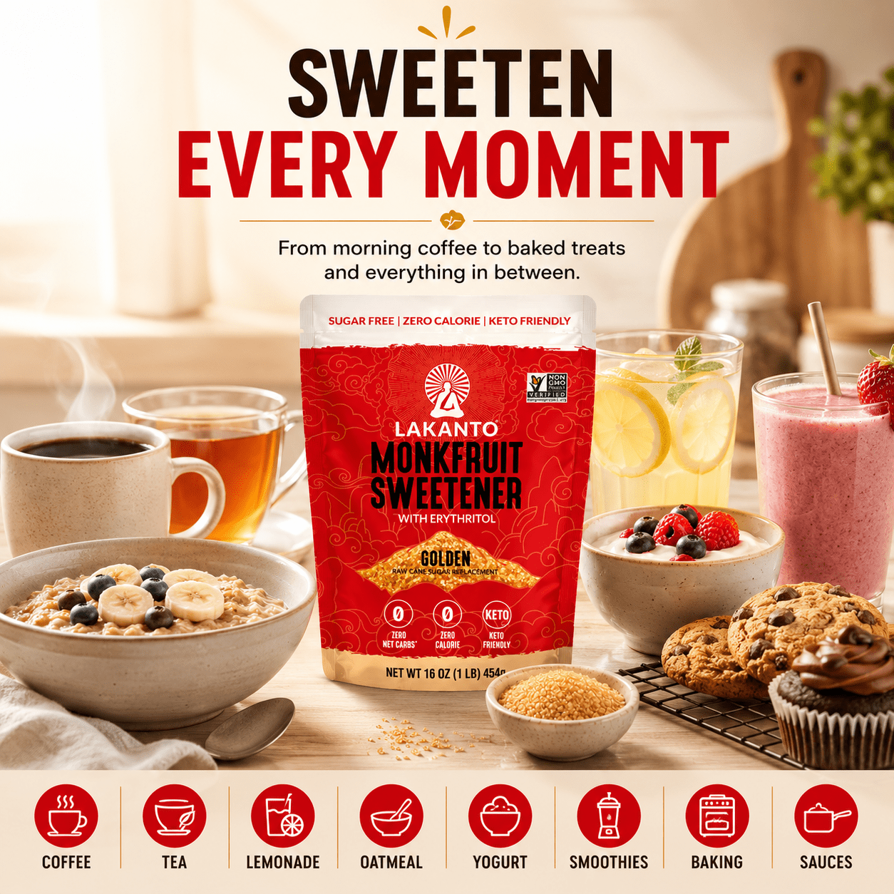 (2 pack) Lakanto Golden Monk Fruit Sweetener - Raw Cane Sugar Substitute, Zero Calorie, Keto Diet Friendly, Zero Net Carbs, Zero Glycemic, Baking, Extract, Sugar Replacement (Golden - 8.29 oz)