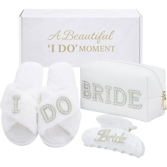 Bride To Be Gift Set - Bridal Shower Gifts & Wedding Gifts for Bride, Bachelorette Gifts for Bride, Engagement Gift for Her, Bachelor Party Christmas Gifts, Makeup Bag, I DO Slippers, Hair Clip