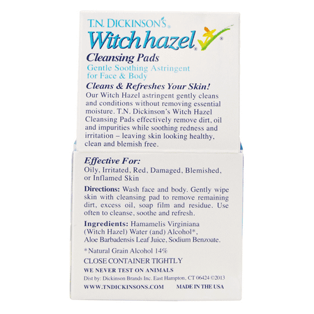 T.N. Dickinson's Witch Hazel Cleansing Pads for Face and Body, Gentle Astringent, 60 Count