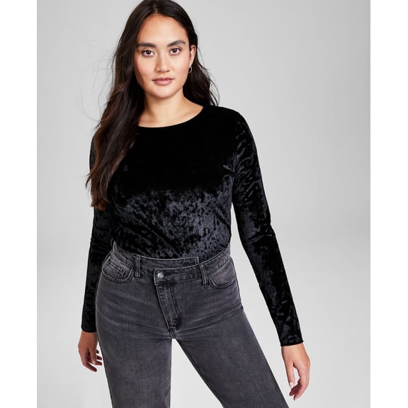 Women's Crewneck Long-Sleeve Velvet Bodysuit Black XL