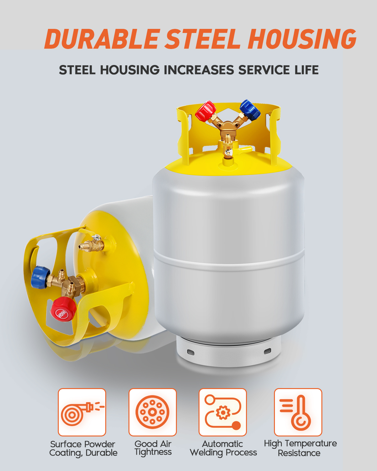 50 LB Capacity Refrigerant Tank With Double Valve Collar Design Reusable Save Valve And Collar Design Reusable 14 Inch SAE Y Valve Gray Yellow