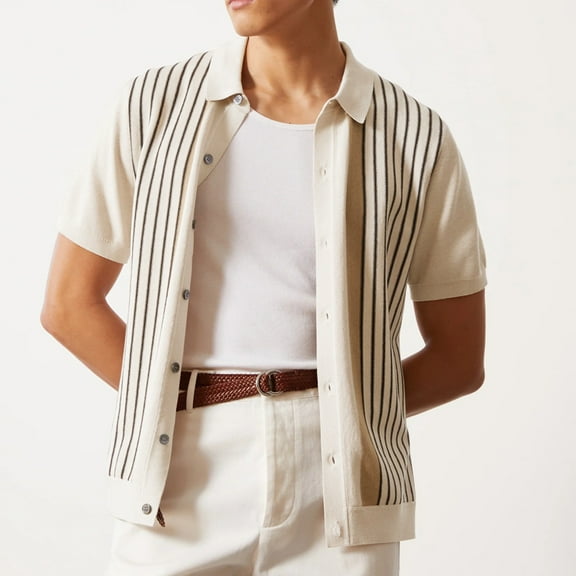Awdenio Mens Tops Fashion Knit Casual Stripe Colour Short Sleeve Turndown Collar Blouse Shirt Regular Fit,Size M-3XL