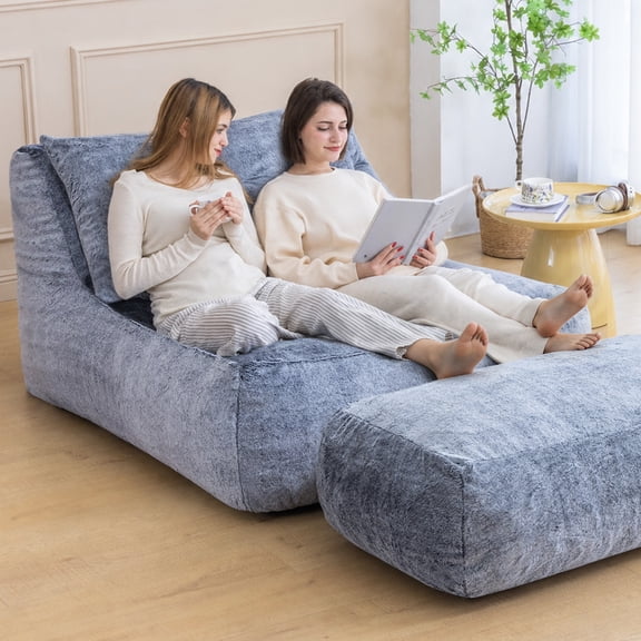 Alvantor Convertible Plush Sofa Bed with Ottoman and Pillow, Oversized Shaggy Faux Fur Floor Sofa, Foam Filled Armless Sleeper for Living Room, Bedroom, Dorm