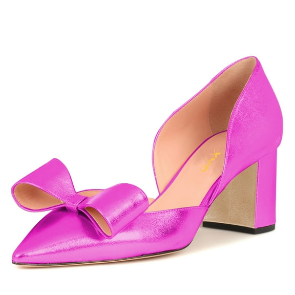 XYD Women Cute Bows Chunky Block Low Heel Pumps Pointed Closed Toe D'Orsay Slip On Office Lady Dress Shoes Size 7 Fuchsia