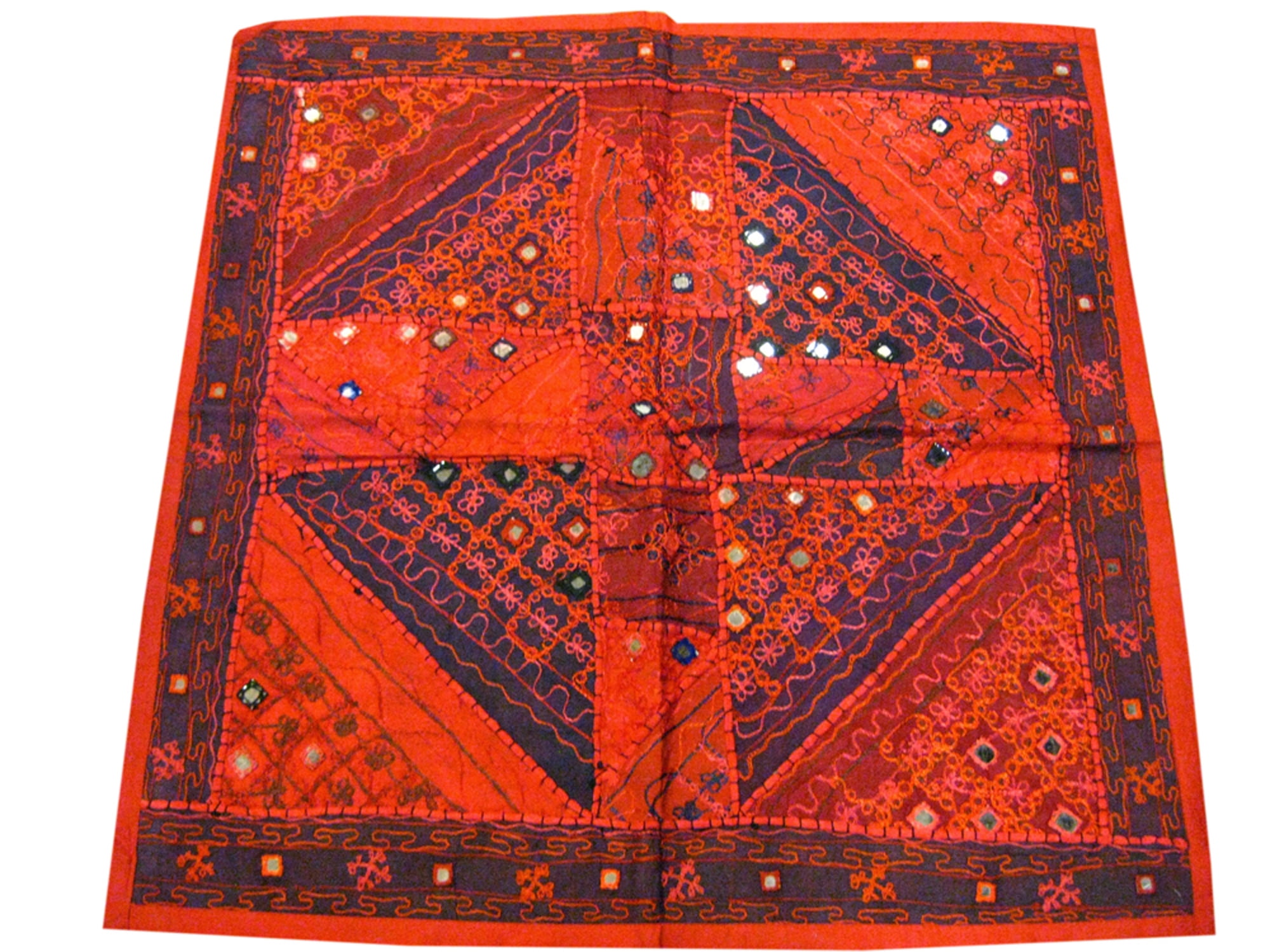 Mogul Designer Indian Wall Hanging Red Sari With Mirror Work Art Tapestry 40x40