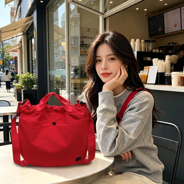 Bolso tote de nailon de gran capacidad con cierre de cordón, bandolera | Bolso de mano ligero e informal para viajes, trabajo y uso diario