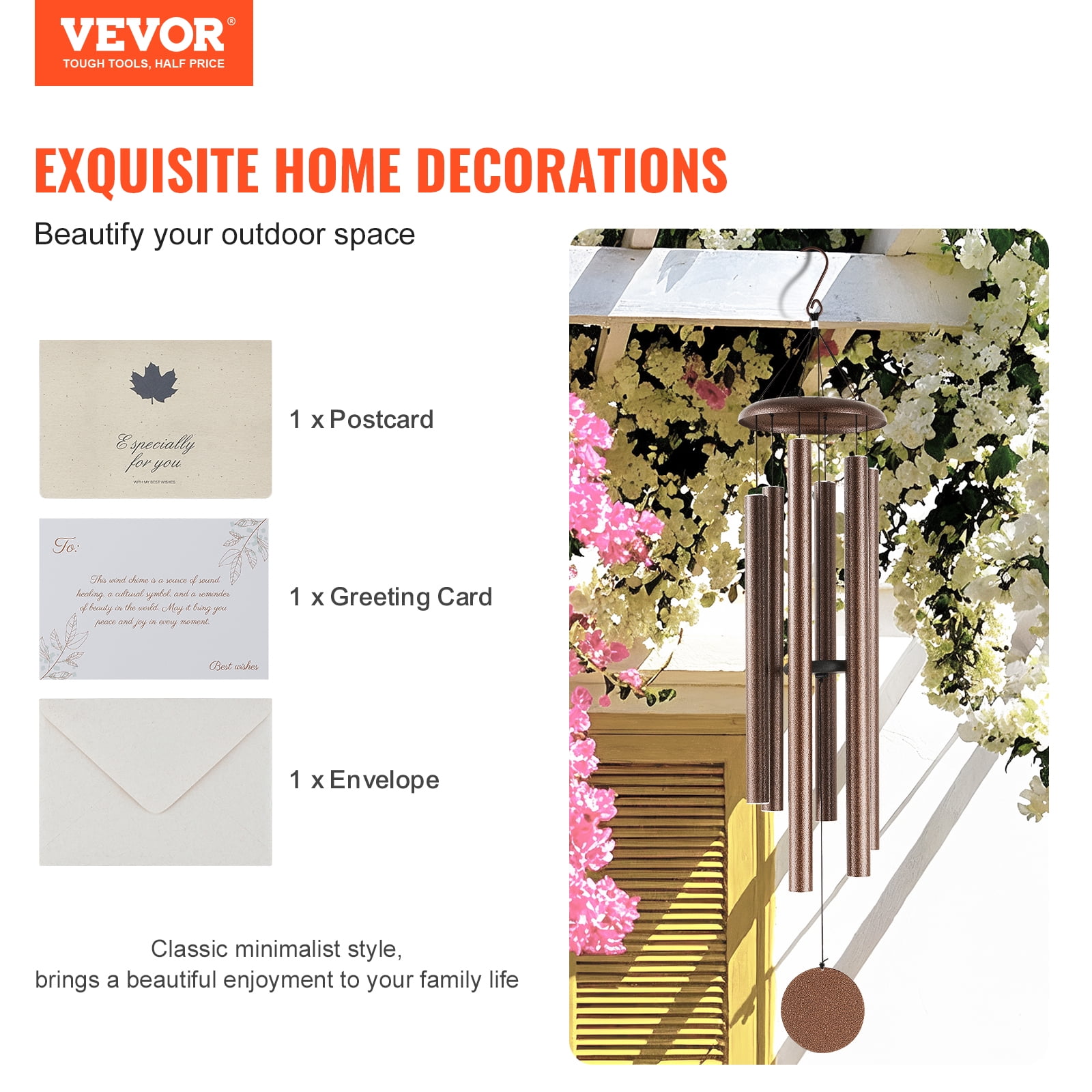 VEVOR Wind Chimes for Outside,50", Deep Tone Wind Chimes with 6 Tubes, Unique Large Memorial Wind Chimes for Anniversary, Amazing Outdoor Decor for Your Patio,Porch, Garden and Backyard,Copper Vein