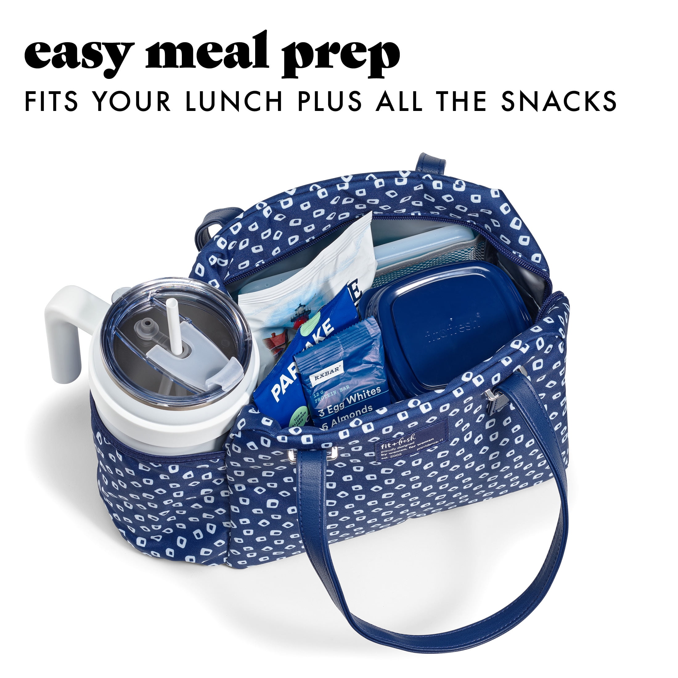 Fit & Fresh Laketown Women's Lunch Bag, Large Insulated Tote Bag, Includes 2 BPA free Containers and 1 XL Slim Ice, Navy Dot