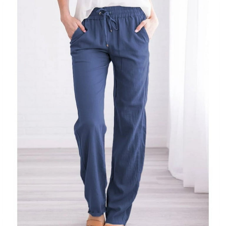 Women's Straight Leg Pant Cotton Linen Regular Fit Pant Summer Casual Pants  Drawstring Long Trousers with Pockets S-3XL XL Khaki 