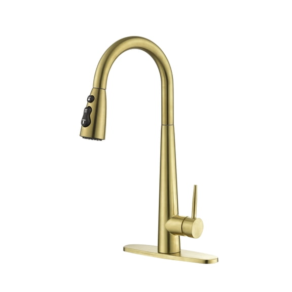 Gold Kitchen Faucets with Pull Down Sprayer, Kitchen Sink Faucet with Pull Out Sprayer, Fingerprint Resistant, Single Hole Deck Mount, Single Handle Copper Kitchen Faucet,