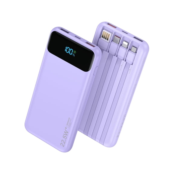 Power bank portátil de 10000 mAh, 22.5 W, con 4 cables, morado