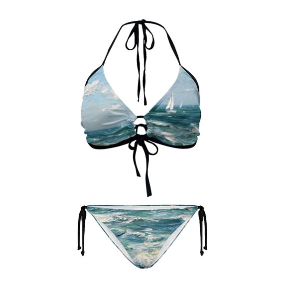Uourmeti Impressionist Ocean Sailboat Halter Bikini Set - Two Piece Triangle Swimsuit with Tie Sides - Perfect for Tropical Beach Vacations & Pool Parties