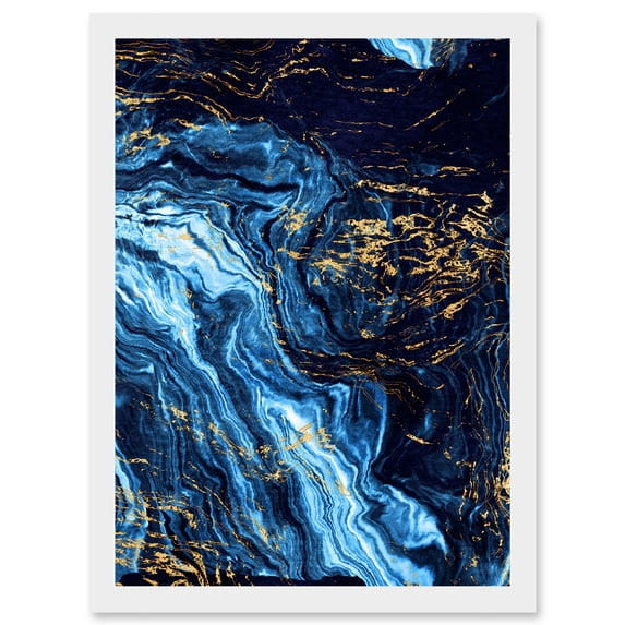 Abstract Dark Blue Gold Pour Watercolour Modern Artwork Framed Wall Art Print A4