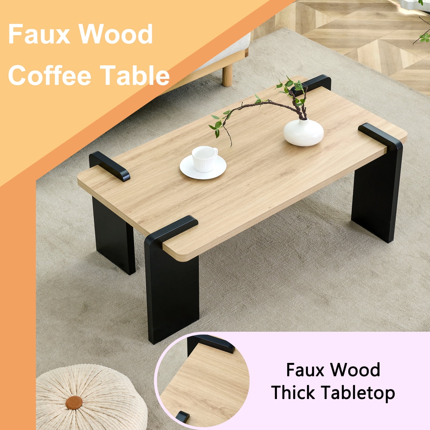Natural Wood Colored MDF Coffee Table Modern Minimalist Living Room Furniture, 39.3*23.6*17.7 inches, Light Wood Grain Design