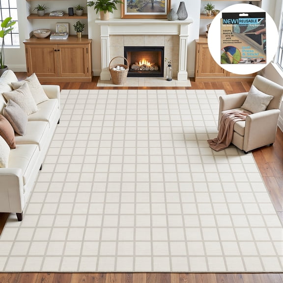 Fnova Modern Plaid 8x10 Cream Living Room Bedroom Area Rug, Large Soft Washable Non-Slip Rugs for Dining Room, Home Office Decor