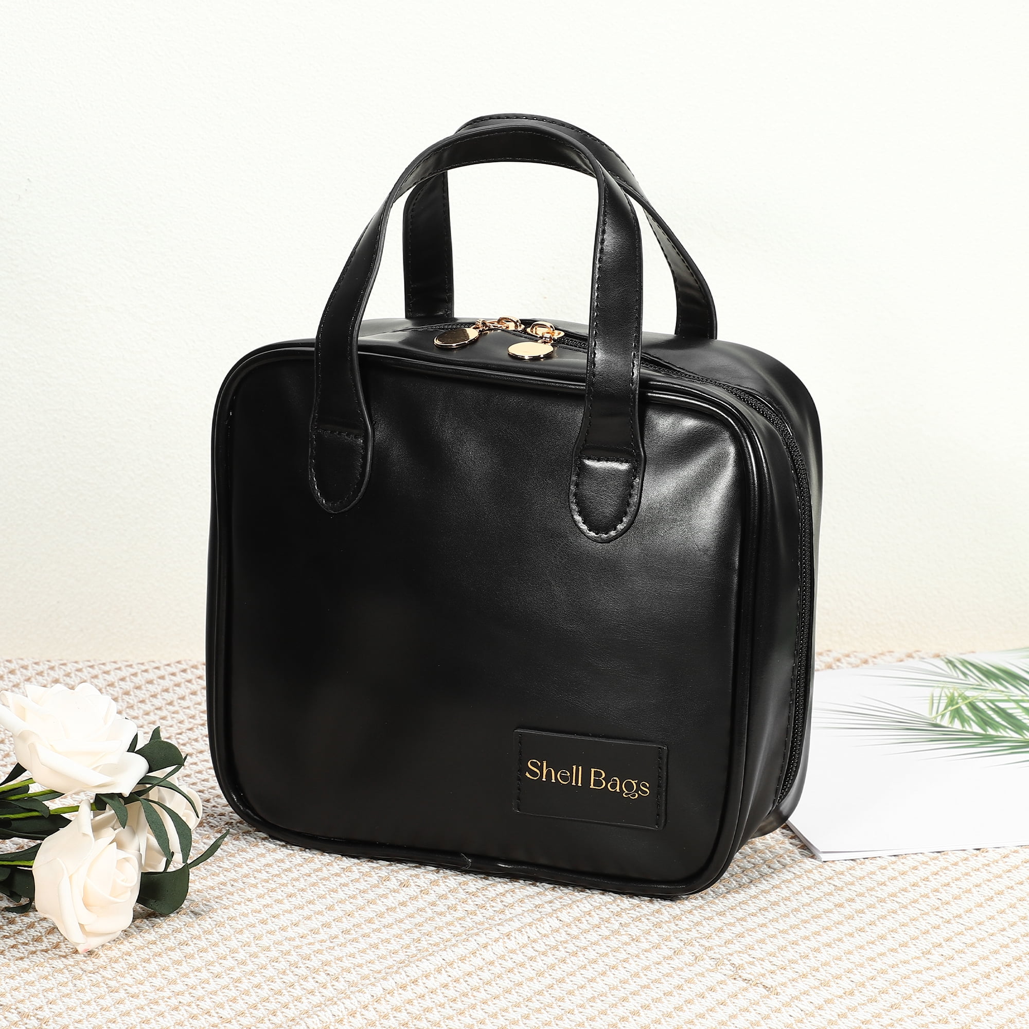 Unique Bargains Handhold Cosmetic Bag Portable Makeup Bag Makeup Pouch with Handle Black