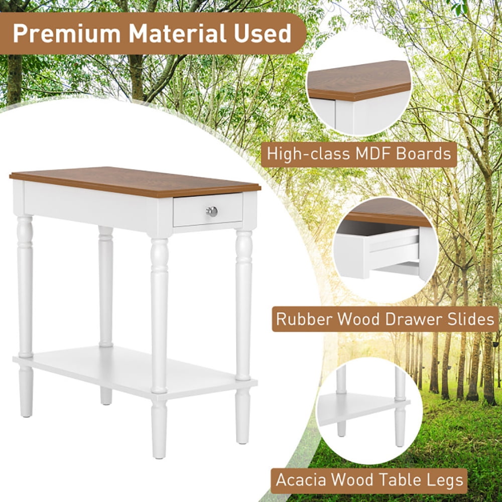 Finihen End Table, Narrow Side Table with Drawer and Open Storage Shelf, Sofa Side Table, Bed Side Table, for Living Room, Bedroom, White Finihen End Table, Narrow Side Table with Drawer and Open Storage Shelf, Sofa Side Table, Bed Side Table, for Living Room, Bedroom, White