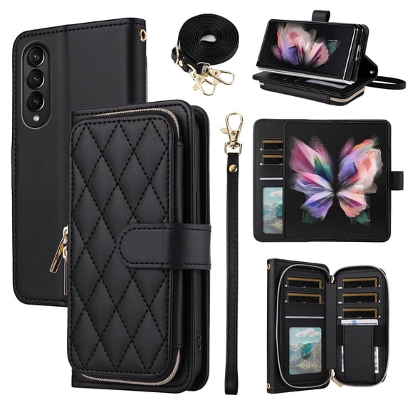 Furiet Wallet Case for Samsung Galaxy Z Fold 3 5G 2021 with Wrist Strap Crossbody Shoulder Strap, 9 Card Slots Zipper Purse, Luxury PU Leather Stand Phone Cover for ZFold3 Z3 Fold3 3Z ZFold35G Black
