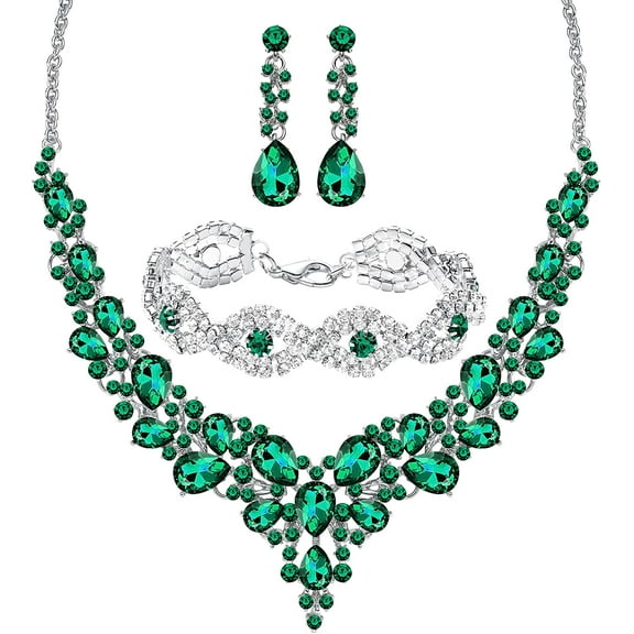 3 Pieces Women Jewelry Set Rhinestone Crystal Bride Statement Necklace Link Bangle Bracelet Teardrop Dangle Earrings Set  fit With Bridesmaid Wedding Party Prom