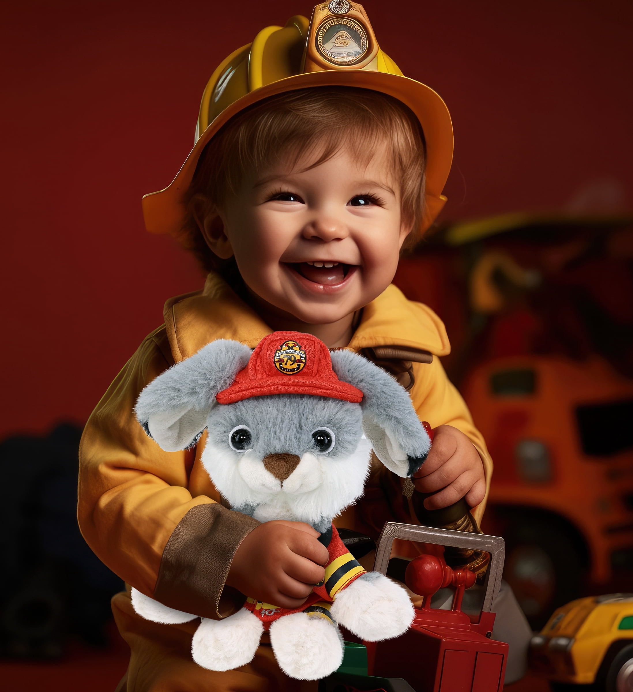 DolliBu Grey Rabbit Firefighter Stuffed Animal - Super Soft Rabbit Fireman Toy with Red Fireman Costume Outfit and Fireman Hat, Farm Life Stuffed Animal Fire Fighter Doll Plush Toy for Kids - 7 Inch
