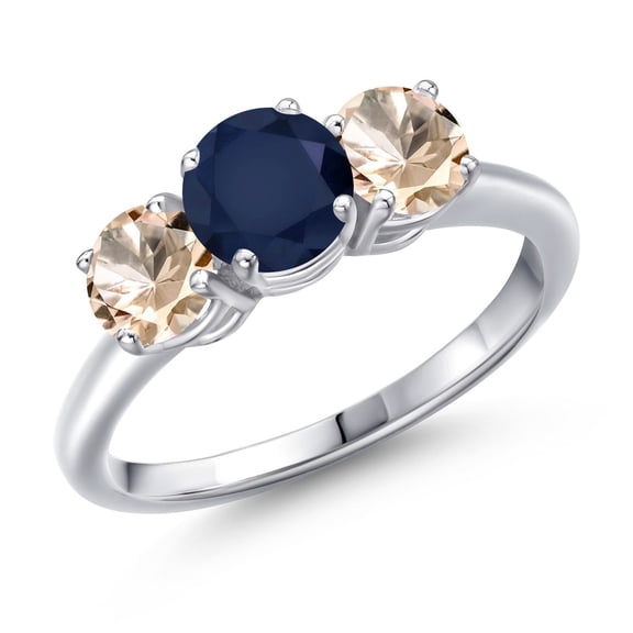 Gem Stone King 925 Sterling Silver Blue Sapphire and Peach Morganite Engagement Ring for Women | 1.90 Cttw | Round 6MM | Gemstone September Birthstone | Size 5