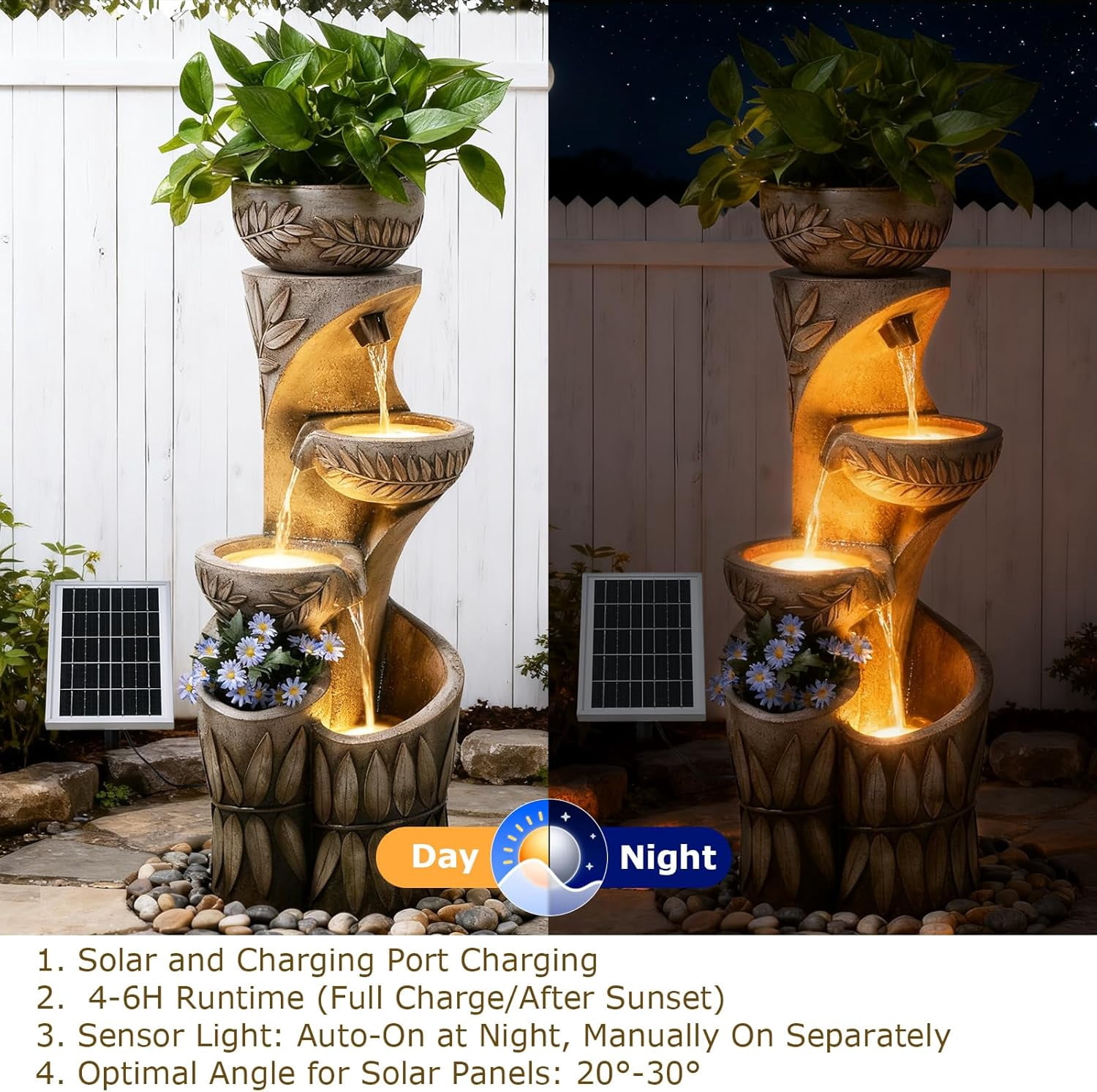 4 Tiered Solar Water Fountain Outdoor Garden, 35.6" Tall Cascading Bowl Leaf Carved Outdoor Waterfall Fountains Modern Water Feature with Dual Planters for Garden, Patio, Deck, Yard, Indoor Decor