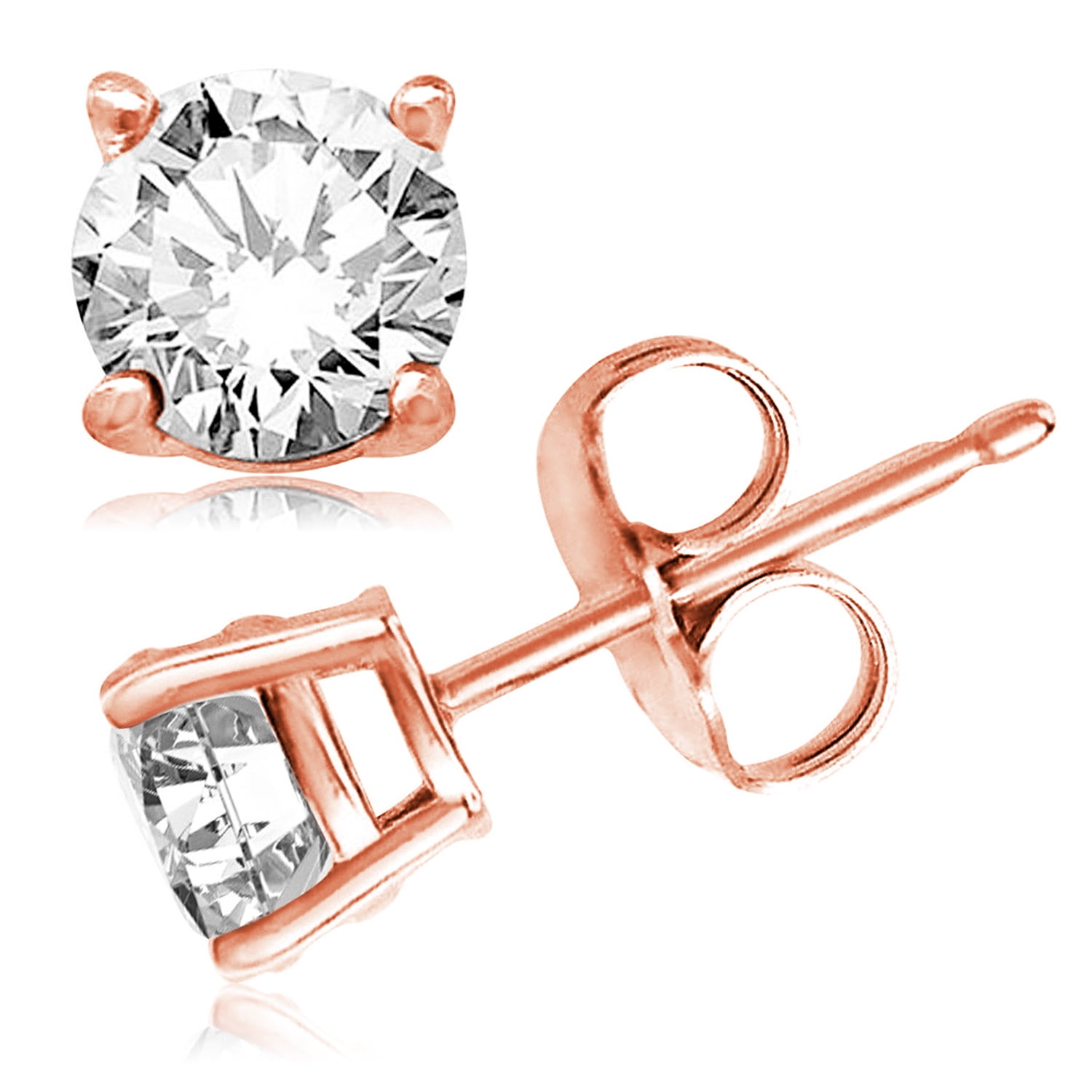 Rose Gold Sterling Silver Classic Round Cut Cubic Zirconia Gem Stud Earrings