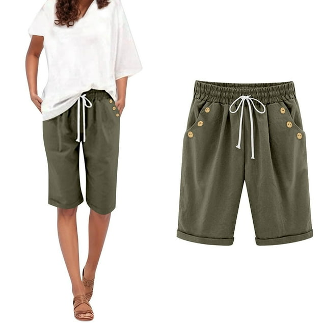 Plus Size Shorts for Women Comfy Wide Leg Drawstring Shorts Trendy Summer Knee Length Shorts with Button Pockets
