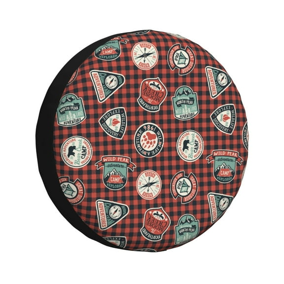 Fuzoiu Mountain Adventure Badges Print Universal Spare Tire Cover with Buckle Strap, Waterproof Wheel Covers for Jeep, Trailer, RV, Truck and All Car-14 inch