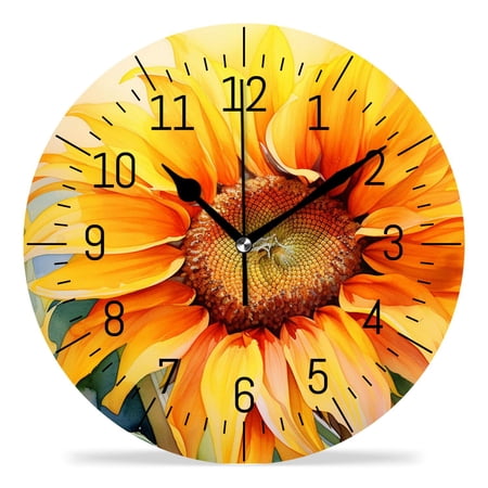 erolrail Rustic Wall Clock,Silent Non Ticking Wall Clocks for Living Room,Bedroom,Kitchen 12IN Cute Sunflower Yellow on Green Print