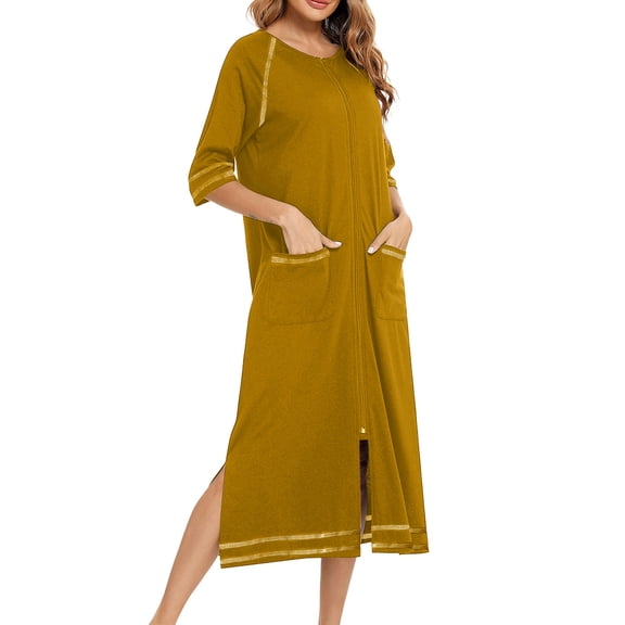 Wlynlyn Womens Zipper Front Robes 3/4 Sleeve Bathrobe Full Length Long Nightgown Lightweight Loungewear with Pockets S-XXL(Yellow,XL)