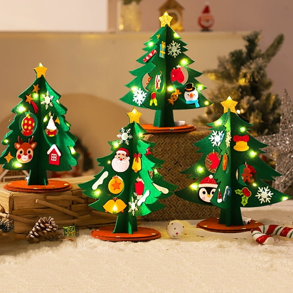 hiryomu 1 Set Mini Felt Christmas Tree Kit with Colorful Fairy Light DIY Handmade Christmas Tree Desktop Decoration Kids Adults Beginner DIY Craft Supplies