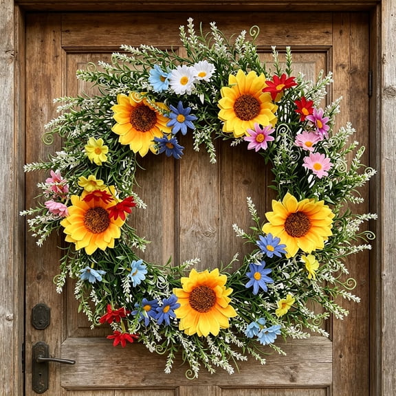 Eolstice Artificial Sunflower Wreath, 17.7In Sunflower And Daisies Wreath For Spring Summer Front Door Wall Decor And Home Decoration