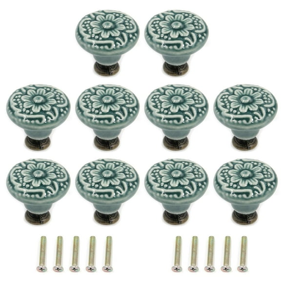 Geesatis 10 Pcs Boutons Décoratifs en Céramique Poignées de Tiroir Outil de Tirage de Meubles avec Vis de Montage Vert Diamètre 1.4 Pouces