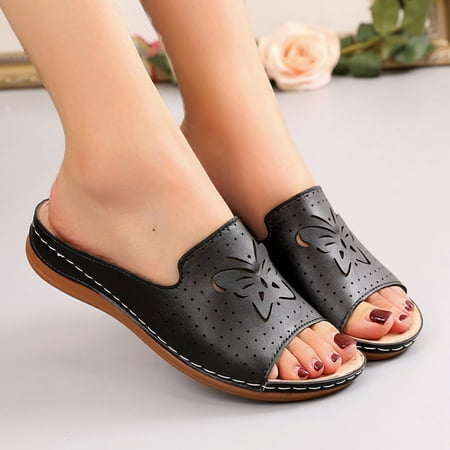 

Cathalem Ladies Fashion Roman Slippers Spring And Sandals Summer Flat Hollow Style Women s sandals Soft Indoor Slippers for Women Black 8