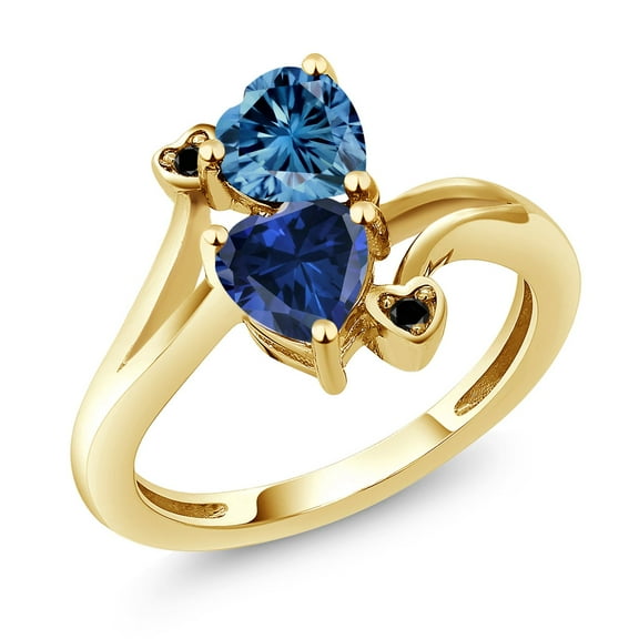 Gem Stone King 18K Yellow Gold Plated Silver Persian Blue Moissanite Blue Created Sapphire and Black Diamond Ring for Women (1.63 Cttw, Heart Shape 6MM, Gemstone Birthstone, Size 7)