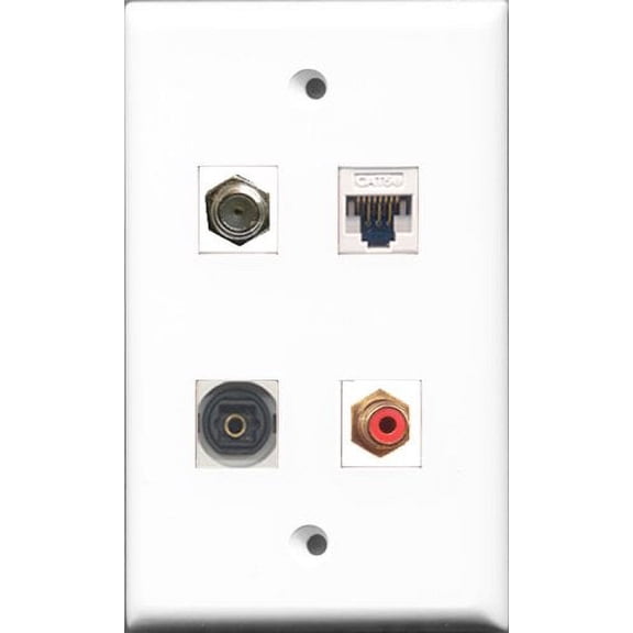 RiteAV 1 Port RCA Red and 1 Port Coax Cable TV- F-Type and 1 Port Toslink and 1 Port Cat5e Ethernet White Wall Plate