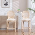 thumbnail image 3 of Hassch French Style Rattan Back Barstools (Set of 2), 25.6" Counter Height Stools with Cotton Linen Upholstered Seat, Farmhouse Design, Brushed Finish & Hand-Carved Solid Wood Legs, Beige+Natural, 3 of 10