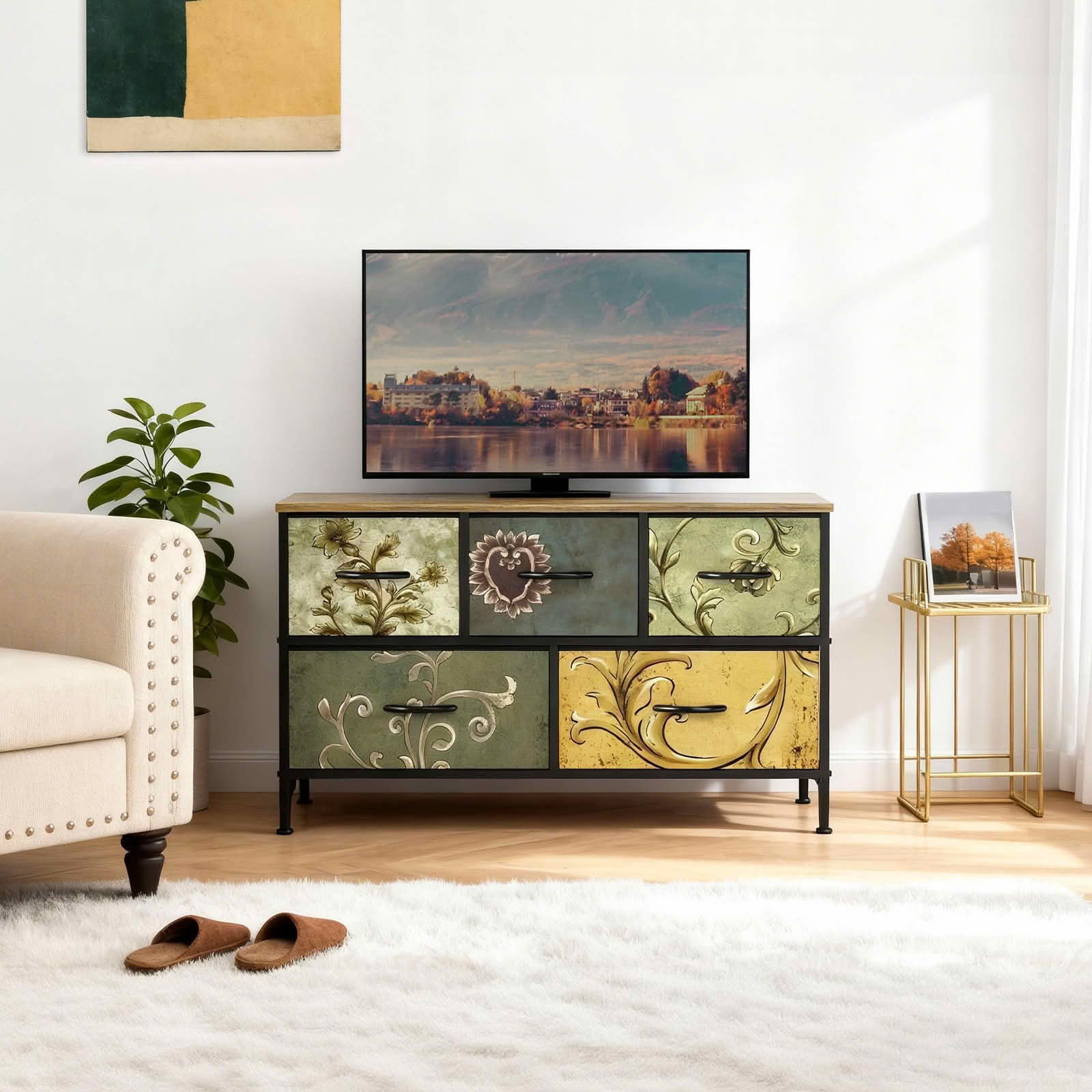 MAYEERTY Bedside Storage Cabinet with Movable Fabric Box, Sturdy Steel-Framed Wooden Top Organizer