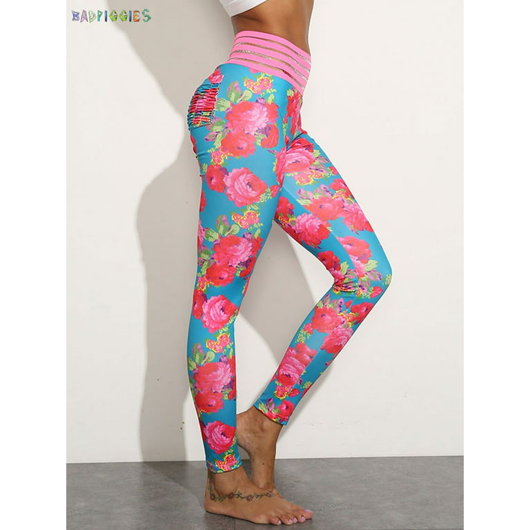 BadPiggies Women's High Waist Leggings Push Up Butt Sportswear Floral Print  Gym Workout Yoga Pants (Size L)